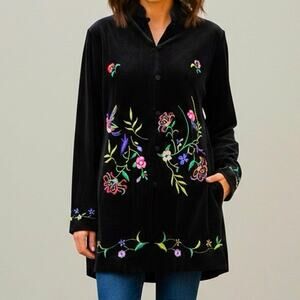 Susan Graver Black Velour Floral Embroidered Button Down Top Kimono Jacket Small